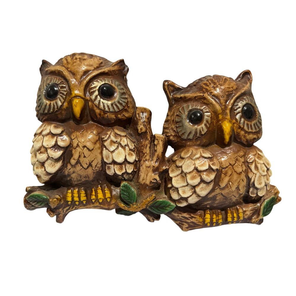 Vintage 70's Seventies Chalkware Owls Wall Hanging